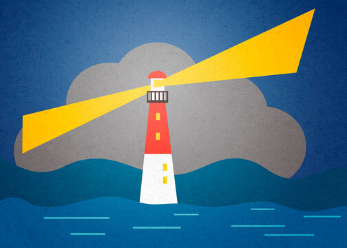 Lighthouse at night shining beacon over stormy sea illustration