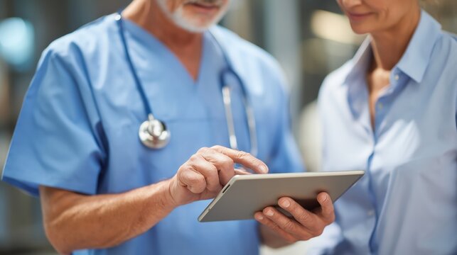 Doctors collaborating over digital tablet, blue scrubs and stethoscope, hospital