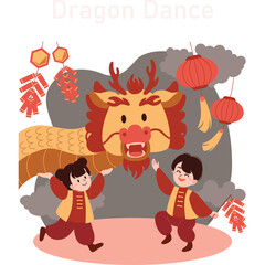 Children Celebrate Dragon Dance With Firecrackers And Lanterns In Festive Asian Tradition