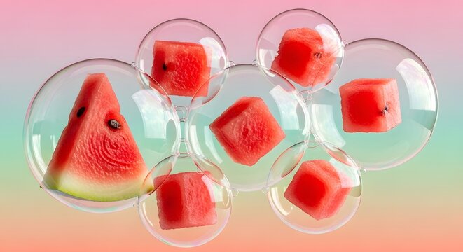Fresh watermelon slices and cubes in clear bubbles