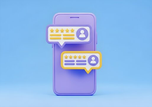 Lavender phone with star rating notifications and profile icons on a light blue background