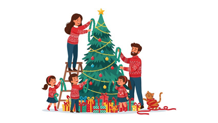 Holiday Cheer: A family collaborates in decorating their christmas tree together, filled with colorful ornaments and wrapped presents, evoking feelings of togetherness, love, and anticipation.