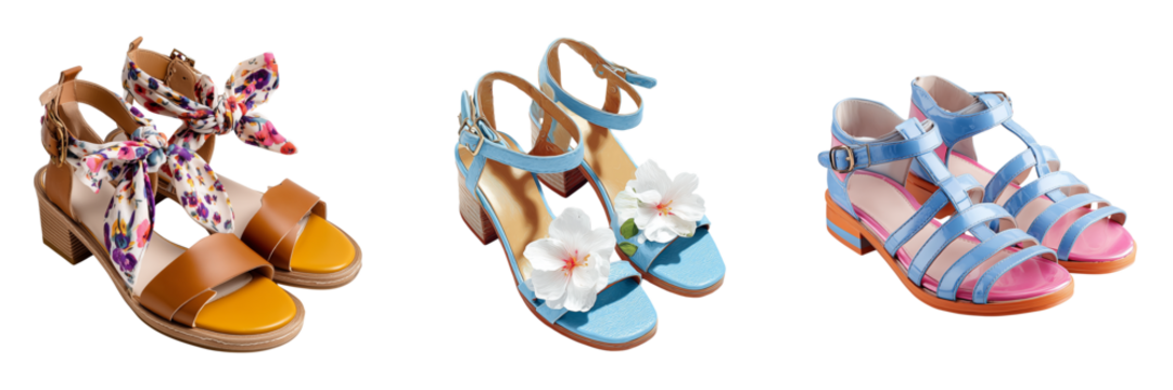 Set of Close-up of Mo Joc flat sandals with silk lace-up straps on transparent png background. Ai generated