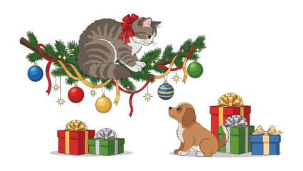 Festive Feline and Canine: A charming illustration depicts a tabby cat perched playfully on a decorated branch, gazing down at a puppy amidst a pile of wrapped gifts.