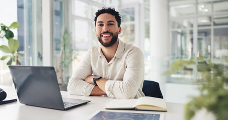 Portrait, business and man with smile in office for finance career, about us and stock market agent. Happy, person and ambition with laptop, cryptocurrency and trading expert for investment proposal