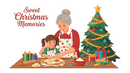 Sweet Christmas Memories: A heartwarming illustration of a grandmother and granddaughter baking festive cookies together. Capturing the joy of family traditions, christmas, baking.