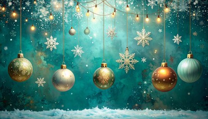 Merry Christmas and New Year holiday background with gold and red ornament decorations, balls, and a festive winter tree