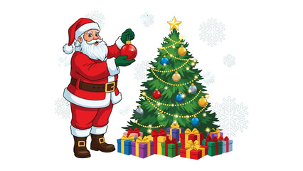 Festive Ornamentation: A jolly figure adorns a Christmas tree with festive ornaments, setting the stage for joyous holiday cheer and a season of giving.