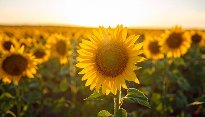 Bright yellow sunflowers blossom across the vast field under the blue sky, capturing the beauty of nature from morning light to summer sunset