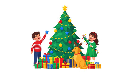 Joyful Christmas: A heartwarming scene unfolds as two children decorate a sparkling Christmas tree with colorful ornaments, accompanied by their faithful companion, a golden retriever.