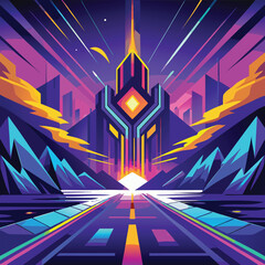 Futuristic Neon City with Glowing Tower and Sci-Fi Landscape