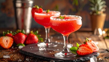 Fresh summer strawberry cocktail with mint in a glass on a wooden table, a delicious red fruit