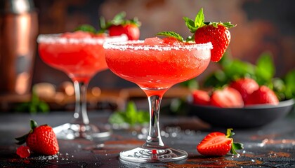 Fresh summer strawberry cocktail with mint in a glass on a wooden table, a delicious red fruit