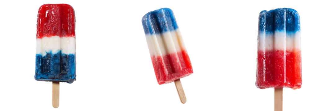 Set of Hand holding a red, white, and blue popsicle, summer treat concept on transparent png background. Ai generated