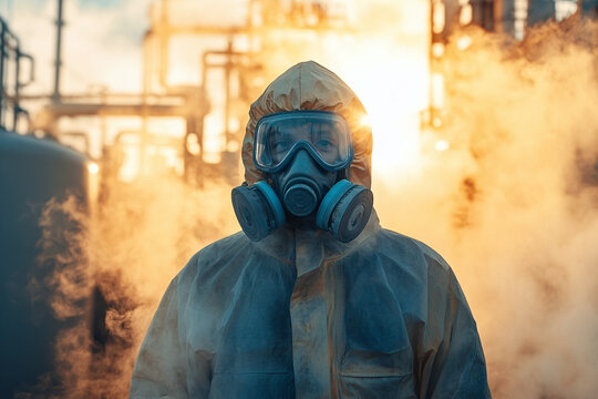 Worker in protective hazmat gear wearing a respirator mask in a smoky industrial environment. Concept of safety, filtration, and environmental protection.