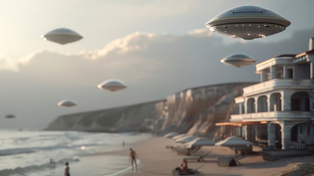 Lively UFOs flying above a sunlit beach, capturing the juxtaposition of otherworldly technology with a relaxed, earthly setting.