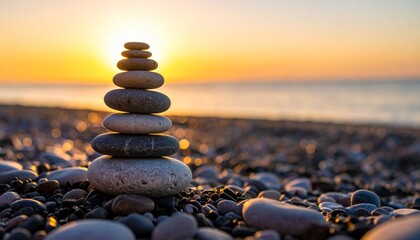 Zen stack of stones and pebbles on the beach sand symbolizing balance and harmony for relaxation and calm near the sea and sky