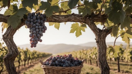 Lush vineyard scene showcasing hanging grapes, basket, and rows under a sunlit sky