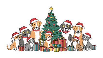 Holiday Paws: A collection of festive dogs and a cat adorned with Santa hats, gather around a Christmas tree, surrounded by wrapped presents, embodying the joy of the holiday season.