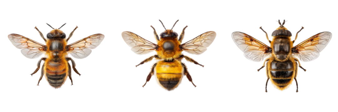 Set of High-quality macro shot of a drone bee, isolated on white background, top-down perspective on transparent png background. Ai generated