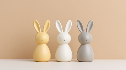 Fototapeta premium Cute minimalist bunny figurine trio in neutral tones