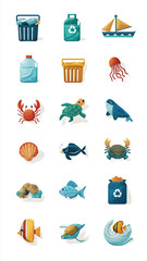 Marine life and ocean pollution vector icons, emphasizing conservation strategies to protect aquatic ecosystems from plastic waste for a sustainable future