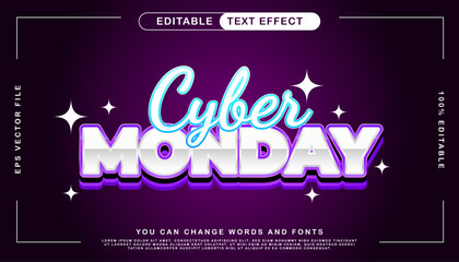 Cyber Monday sale vector text effect with a shiny metallic style and neon blue glow. Editable graphic template with sparkles on a dark background