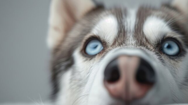 A close-up portrait of a Siberian Husky with piercing blue eyes. - Powered by Adobe