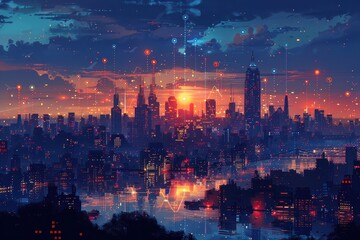 Cityscape with keywords and pinpoint icons highlighting relevant terms.