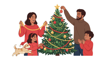 Festive Family Decorating the Christmas Tree: A joyous family adorns their Christmas tree, a heartwarming display of holiday cheer. The mother and father work together with their children.