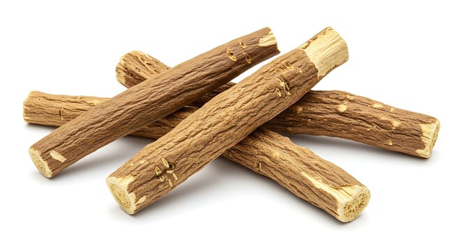 Close-up of several dark brown licorice sticks with a rough texture, on a white background