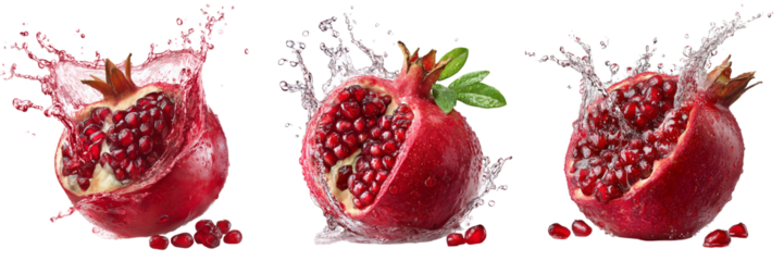 Set of Red pomegranate fruit segments with water droplets and splash effect on transparent png background. Ai generated