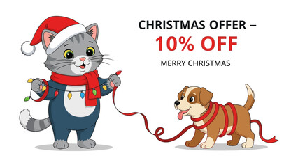 Holiday Harmony: Festive cat and cheerful puppy sharing joyful Christmas light display, symbolizing the spirit of togetherness and festive offers.
