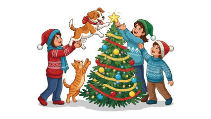Holiday Cheer: Festive gathering, a family decorates Christmas tree with joyful animals. Capturing the spirit of togetherness and the beauty of seasonal traditions