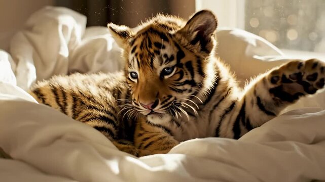 Cute baby tiger sleeping soundly on white bed linen bathed in warm sunlight. Adorable wild animal in a domestic setting for a peaceful morning.