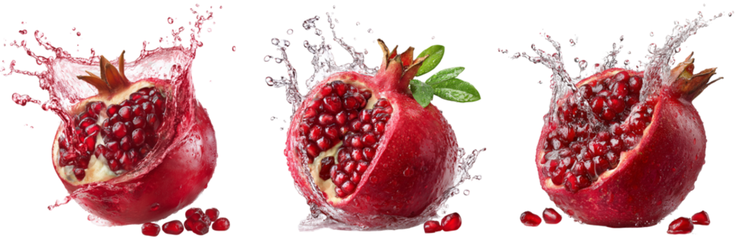 Set of Red pomegranate fruit segments with water droplets and splash effect on transparent png background. Ai generated