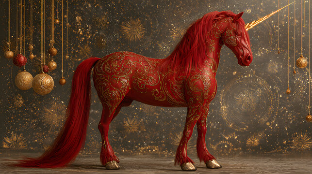 red unicorn horse surrounded by golden Christmas ornaments