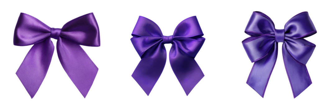 Set of Small purple satin bow isolated on white, top-down view, high detail on transparent png background. Ai generated