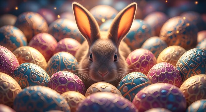 Adorable easter bunny peeking from a colorful assortment of decorated eggs - Powered by Adobe