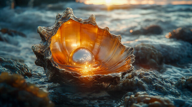 Close-up of an open seashell with a mother-of-pearl pearl inside.