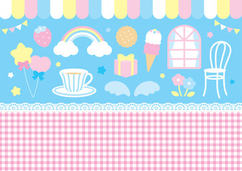 Naklejka premium かわいいパステルカラーのメルヘンアイコンとチェック柄セット