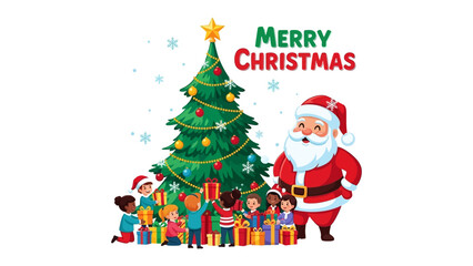 Season's Greetings: A heartwarming illustration captures the festive spirit of Christmas, with a jolly santa, a beautifully adorned tree and children enjoying their presents.
