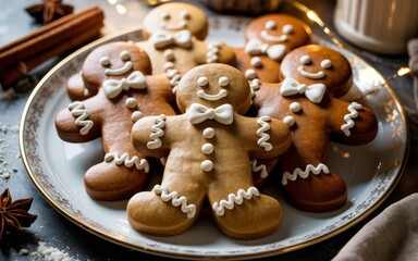 Gingerbread Man cookies presented on plate. Gingerbread Cookies decorated with frosting, icing. Christmas cookie.	
