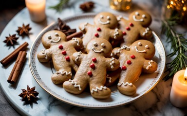 Gingerbread Man cookies presented on plate. Gingerbread Cookies decorated with frosting, icing. Christmas cookie.	
