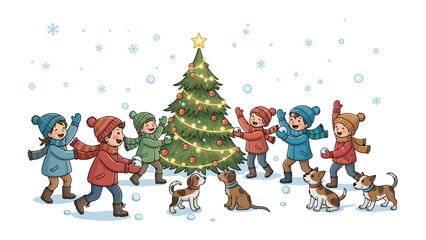 Joyful Winter Gathering: A festive Christmas scene unfolds as a group of children, bundled up against the cold, joyfully circle a brightly decorated Christmas tree.