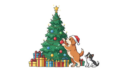 Festive Paws and Pine: Two adorable canines, adorned in festive attire, lovingly decorate a Christmas tree, surrounded by wrapped gifts. It's a heartwarming scene.