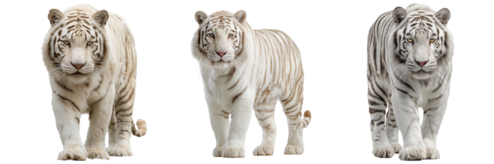 Set of White tiger moving elegantly through tall grass, bright lighting on transparent png background. Ai generated