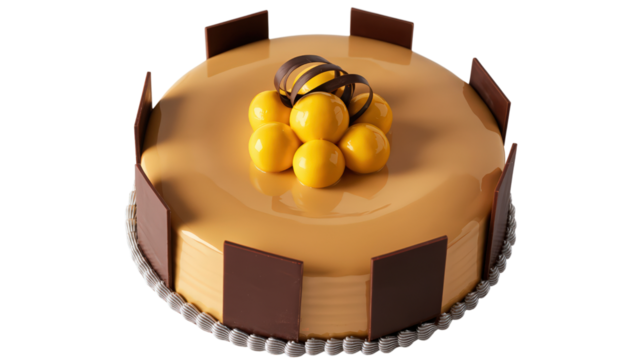 Exquisite Caramel Cake with Chocolate Decors and Yellow Spheres Ornaments Glossy Dessert Delicious Confection for Special Celebration Gourmet Indulgence