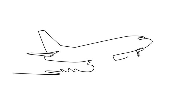 Airplane taking off from the airport, side view. Landing and take off plane concept. Single line draw design. Full length animation illustration. High quality 4k footage