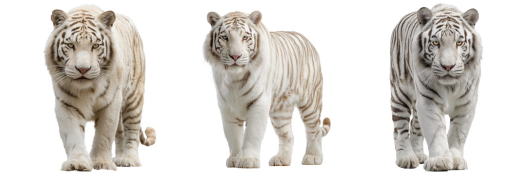 Set of White tiger moving elegantly through tall grass, bright lighting on transparent png background. Ai generated